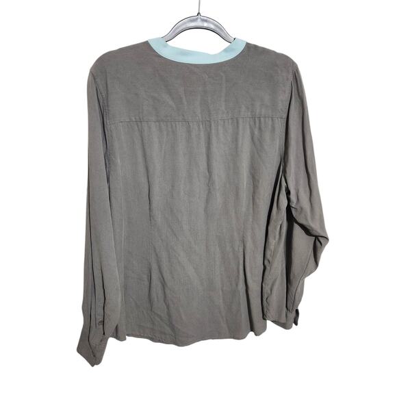 Soft Surroundings XL 100% Silk Twill Lux Gray Robins Egg Blue Blouse Shirt Top - Picture 7 of 9